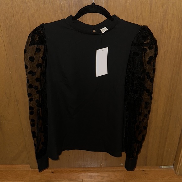 Long sleeve black blouse with sheer velvet polka dot on sleeves - Picture 3 of 4